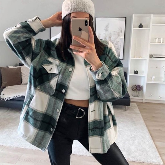 BellanBlue Tops - Plaid Stripe green Oversized Flannel Shirt Shacket